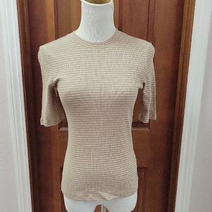 Vince Beige Ribbed Short Sleeve Top